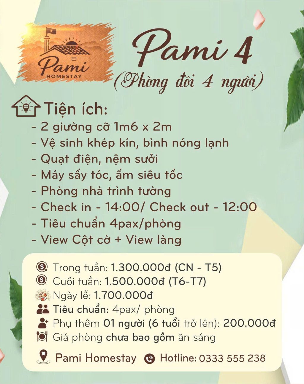 🏡 PAMI 4 – Phòng đôi 4 người – View Cột cờ + Làng (cao cấp)