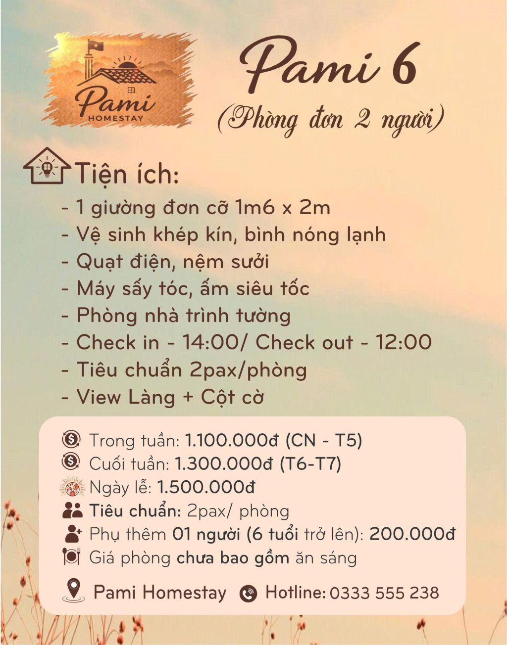 PAMI 6 – Phòng đơn 2 người – View làng + Cột cờ (cao cấp)